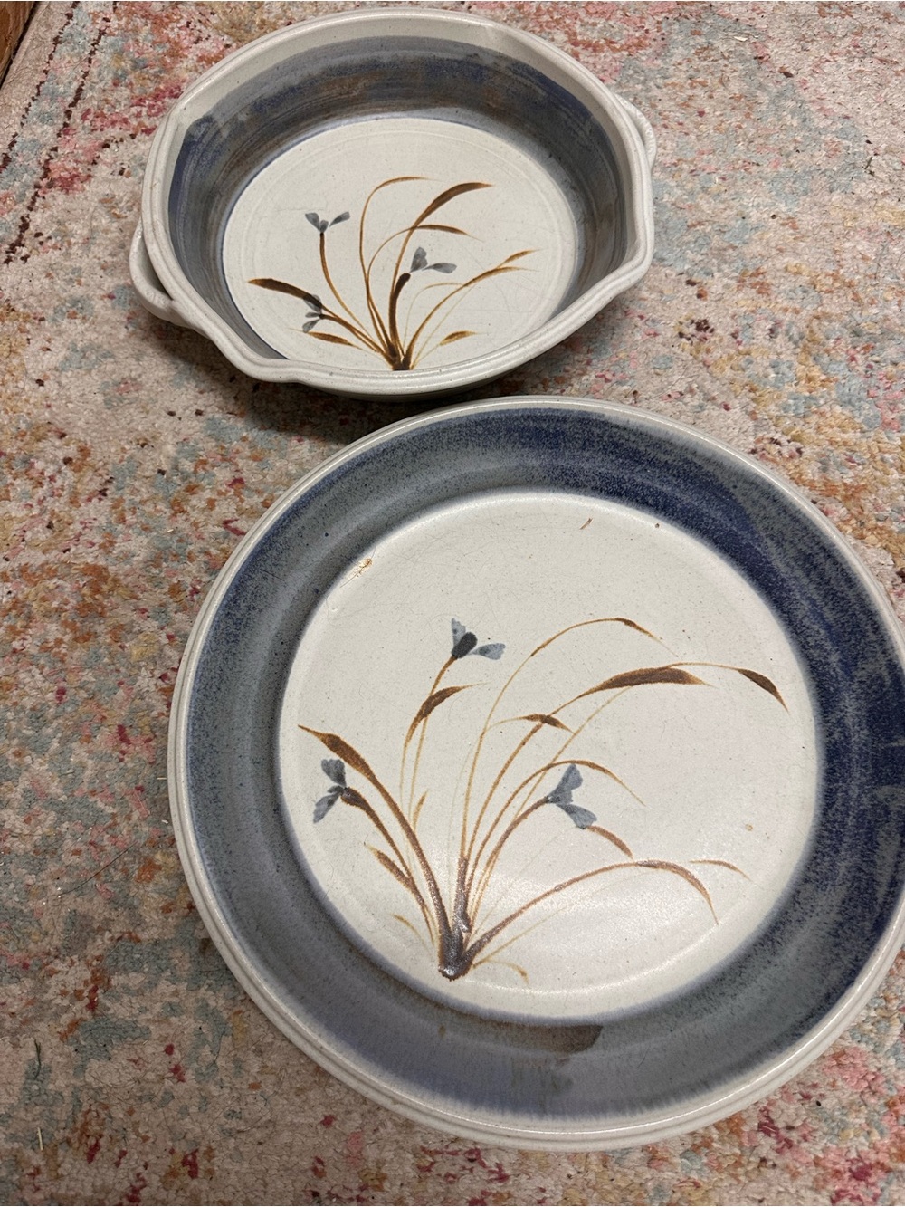 Hand-Painted Ceramic Serving Platter and Bowl - Blue & Cream Floral